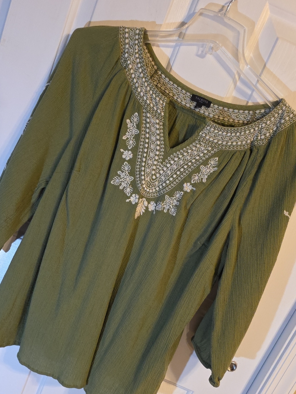 Talbots Olive Green Embroidered Peasant Tunic